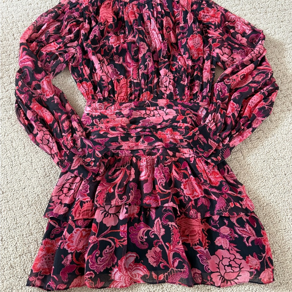 Revolve X HEMANT & NANDITA Crimson Rouched Mini Floral Dress B30 - Picture 7 of 15